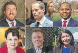  ?? BOTSFORD PHOTO PROVIDED BY WILDWOOD STUDIO; ASHLEE REZIN/SUN-TIMES FILE PHOTO; PROVIDED; PROVIDED; AND PAT NABONG/SUN-TIMES ?? Candidates in the 43rd Ward (clockwise from top left) Steve Botsford, Ald. Timmy Knudsen, Steve McClellan, Rebecca Janowitz, Brian C. Comer and Wendi Taylor Nations.