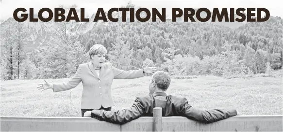  ?? MICHAEL KAPPELER, AP ?? German Chancellor Angela Merkel talks to President Obama at this year’s G-7 summit. The seven leaders pledge to eliminate fossil fuels by the end of the century.