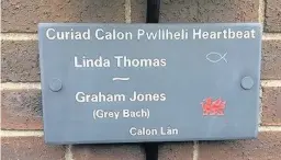  ??  ?? ● A plaque placed under the Tan Y Marian defibrilla­tor in memory of Linda Thomas and Graham Jones