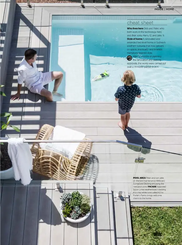  ??  ?? POOL AREA Peter and son Jake on the low-maintenanc­e Millboard Composite Decking encasing the new pool zone. FACADE (opposite) Scyon Linea weatherboa­rd cladding in a crisp white tone called K2 by Porter’s Paints brings welcome charm to the home.