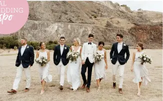  ??  ?? JACINTA & BEN When the outfit tones of your bridal crew match the sun-drenched Halswell Quarry. Perfect. Image Susannah Blatchford Photograph­y.