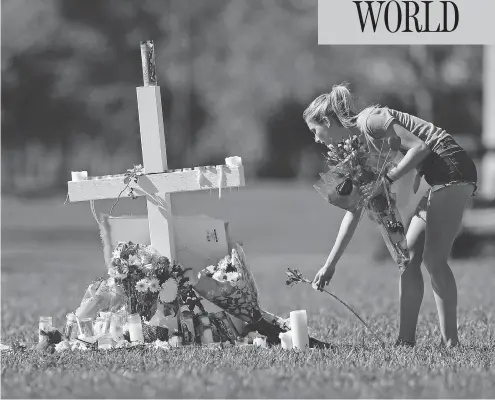  ?? GERALD HERBERT / THE ASSOCIATED PRESS ?? A woman places flowers Friday at one of 17 crosses placed for the victims of the shooting at Marjory Stoneman Douglas High School in Florida.