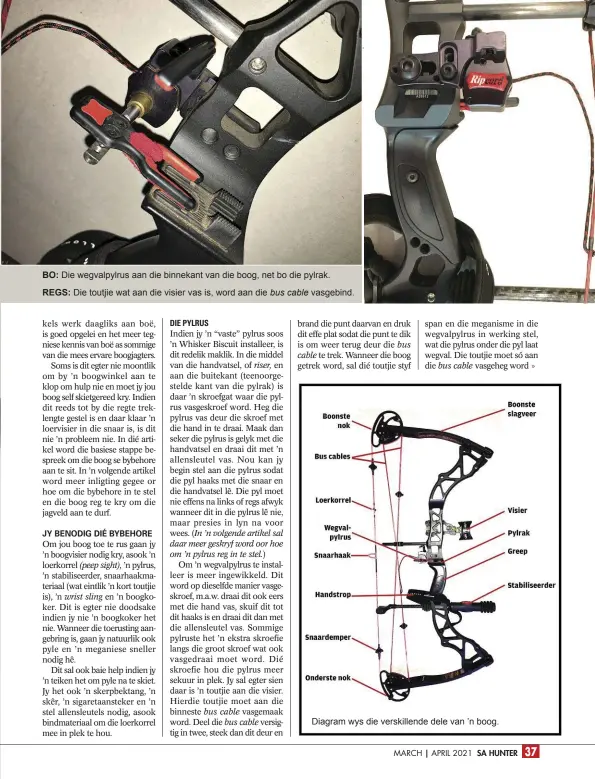  ??  ?? BO: Die wegvalpylr­us aan die binnekant van die boog, net bo die pylrak.
REGS: Die toutjie wat aan die visier vas is, word aan die bus cable vasgebind.
Diagram wys die verskillen­de dele van ’n boog.