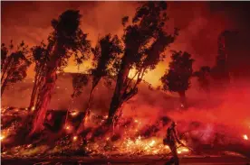  ??  ?? Flames from a backfire consume a hillside in Santa Paula. Photograph: Noah Berger/AP