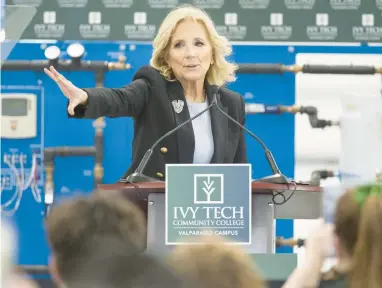  ?? KYLE TELECHAN/POST-TRIBUNE ?? First lady Jill Biden speaks during a visit to the Ivy Tech Community College Valparaiso campus on Monday.