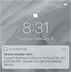  ??  ?? Some people on the East Coast got a push alert on their phones Tuesday about a tsunami warning, but the National Weather Service says it was just a test. Meteorolog­ist Hendricus Lulofs said there was a glitch during a routine test. JEREMY DAROS/AP