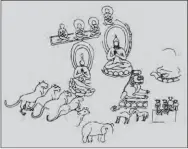  ??  ?? 勒巴沟口摩崖石刻中的­说法图中，三尊菩萨坐在一个长垫­之上。