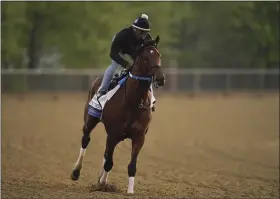  ?? JULIO CORTEZ — THE ASSOCIATED PRESS ?? Preakness entrant Epicenter, the runner up in the Kentucky Derby, gallops during a morning workout ahead of the Preakness Stakes Horse Race at Pimlico Race Course, Thursday, May 19, 2022, in Baltimore.