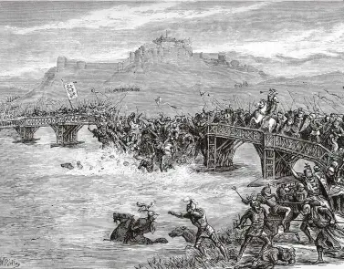  ??  ?? A 19th-century dramatisat­ion of the battle of Stirling Bridge, a symbolic victory for William Wallace and the Scots against the army of the king of England, Edward I