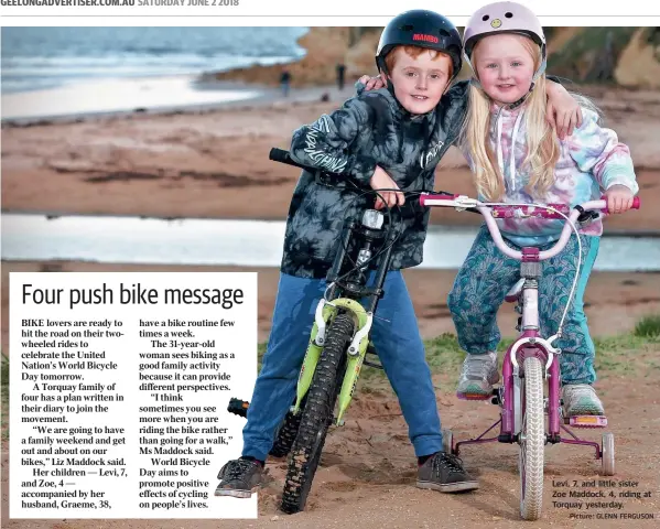  ?? Picture: GLENN FERGUSON ?? Levi, 7, and little sister Zoe Maddock, 4, riding at Torquay yesterday.