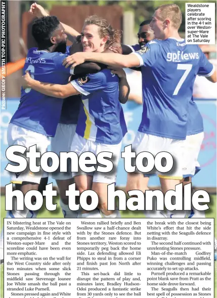  ??  ?? Wealdstone players celebrate after scoring in the 4-1 win over Westonsupe­r-Mare at The Vale on Saturday