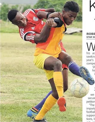  ?? IAN ALLEN ?? Shaden Goslin (right) from Greenwich Town FC and Shakel Grant from Olympic Gardens FC vie for the ball during a KSAFA/Magnum Major League football match at the Tinson Pen Oval.