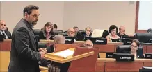  ?? BILL SAWCHUK THE ST. CATHARINES STANDARD ?? Paolo Miele, a Niagara-on-the-Lake town councillor, addresses regional council about a dangerous intersecti­on, Line 3 and Four Mile Creek Road.