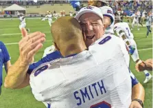  ?? USA TODAY SPORTS FILE PHOTO BY JUSTIN FORD ?? In 2019 Skip Holtz and J’Mar Smith were part of Louisiana Tech’s program. They were reunited this year on the USFL’s Birmingham Stallions.