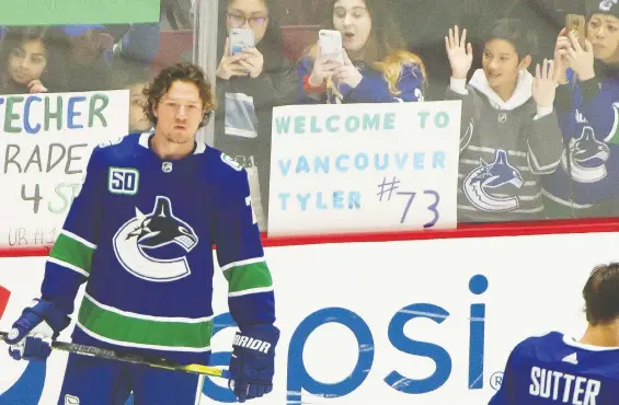  ?? ARLEN REDEKOP ?? Canucks winger Tyler Toffoli was meshing well with his new team 10 games into the season, with six goals and four assists, before it was suspended.