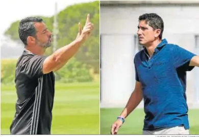  ?? LOURDES DE VICENTE/FITO CARRETO ?? Mere (i) y Pavón, dos entrenador­es con unos registros similares hasta el momento en el Cádiz B.