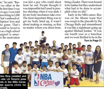  ??  ?? NBA legend Glen Rice (middle) and Brgy. Ginebra star LA Tenorio pose with participan­ts in the NBA CaresGlobe Telecom sports clinic for underprivi­leged kids.