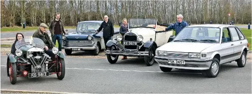  ??  ?? ABOVE From left, 1934 Morgan Super Sports with custodian Holly Davies and owner Andrew Morrison, 1960 Vauxhall Victor with borrower Tom Pocock (left) and Ian Spruce of the Vauxhall Victor Owners’ Club, 1929 Ford Model A on loan to Sarah Jordan by Peter Garratt; Millie the Austin Maestro will be loaned shortly.