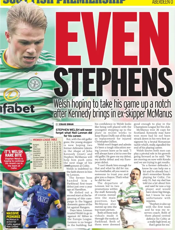  ??  ?? Stephen Welsh is hoping to continue his recent run in the team at Celtic
MASSIVE PEDIGREE Mcmanus in action for Celtic against Man United