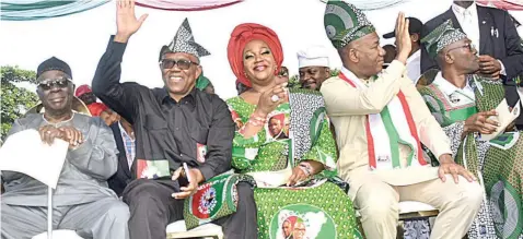  ?? PHOTO: NAN ?? Leader of Pan- Yoruba socio- cultural organisati­on, Afenifere, Ayo Adebanjo ( left); presidenti­al candidate of the Labour Party ( LP), Peter Obi; his wife, Margaret; LP vice presidenti­al candidate, Yusuf Datti- Ahmed and National Chairman of the party, Julius Abore, during a campaign rally in Ibadan… yesterday.