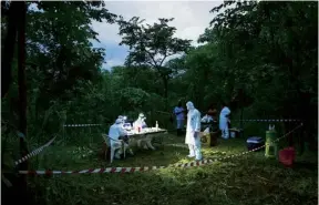  ??  ?? Scientists in their makeshift laboratory in the Sierra Leonean jungle