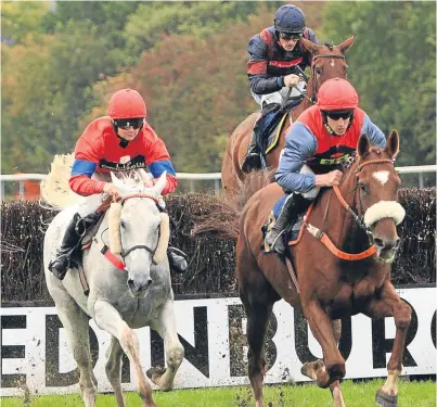  ?? Pictures: Phil Hannah. ?? David Whitaker Handicap Chase winner Ballyben bursts for home.