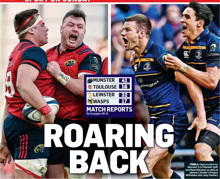  ??  ?? THRILL: High emotion for Munster’s CJ Stander (left) and Dave Kilcoyne as well as (above) Leinster’s Fergus McFadden and Joey Carbery