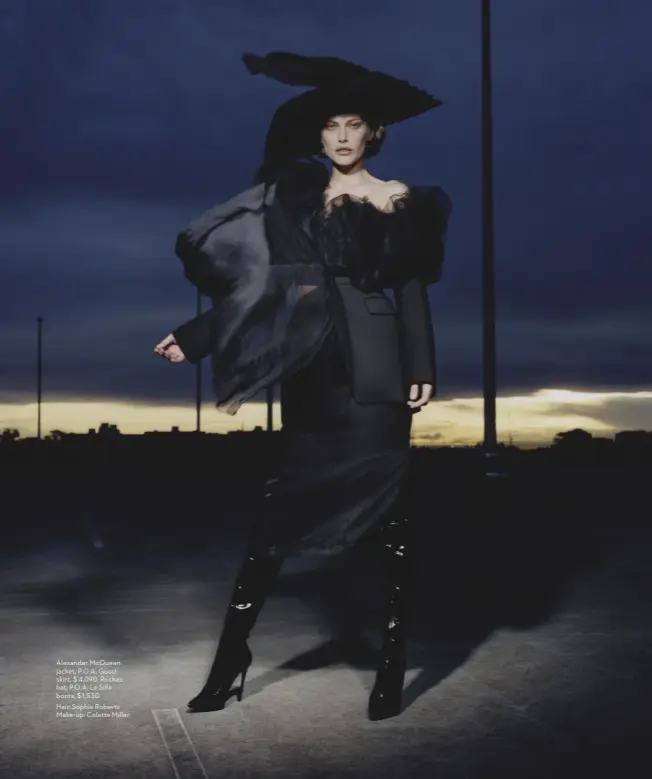  ?? ?? Alexander McQueen jacket, P.O.A. Gucci skirt, $ 4,090. Rochas hat, P.O.A. Le Silla boots, $1,530.
Hair: Sophie Roberts Make-up: Colette Miller