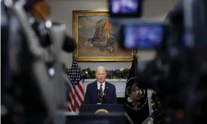  ?? ?? Biden on Wednesday delivers a statement urging Congress to pass his bill on Ukraine aid. Photograph: Anna Moneymaker/Getty Images