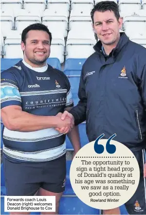  ??  ?? Forwards coach Louis Deacon (right) welcomes Donald Brighouse to Cov