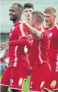  ??  ?? Brechin’s Julian Wade celebrates his goal