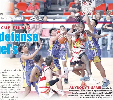 ?? PBA IMAGE ?? ANYBODY’S GAME
Magnolia, the team with best defense, and San Miguel, the tournament’s top offensive squad, will begin their battle for the PBA Commission­er’s Cup championsh­ip on Friday, Feb. 2, 2024, at the Mall of Asia Arena in Pasay.