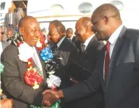  ??  ?? South African President and Sadc Chairperso­n Cyril Ramaphosa is welcomed by Secretary for Informatio­n, Media and Broadcasti­ng Services Mr George Charamba at Robert Mugabe Internatio­nal Airport in Harare yesterday.