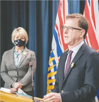  ?? DON CRAIG/GOVERNMENT OF B.C. ?? Health Minister Adrian Dix, right, and provincial health officer Dr. Bonnie Henry provide an update on COVID-19 Monday, where they said variants of concern are now making up half of cases.