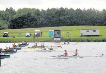  ??  ?? Women’s Masters D Pairs struggle to position themselves at the start line, with Loughborou­gh Boat Club’s Vicky Haines and Emma Heygate in Lane 3 at the British Rowing Masters Rowing Championsh­ips 2017.