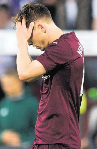  ??  ?? OVER AND OUT: Sam Nicholson is left with that sinking feeling as Hearts tumble out of the Europe last night