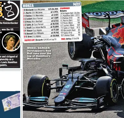  ??  ?? WHEEL DANGER: Verstappen’s Red Bull runs over the top of Hamilton’s Mercedes