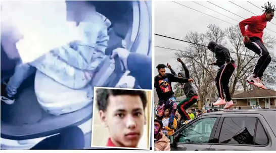  ??  ?? Footage: Bodycam video of the traffic stop that resulted in the death of Daunte Wright, inset. Above: Protesters in the city