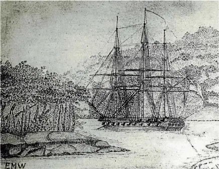  ?? PHOTO: SUPPLIED ?? A drawing by interprete­r Edward Williams shows the Herald at Sylvan Cove on Stewart Island – original sketch in the Alexander Turnbull Library.