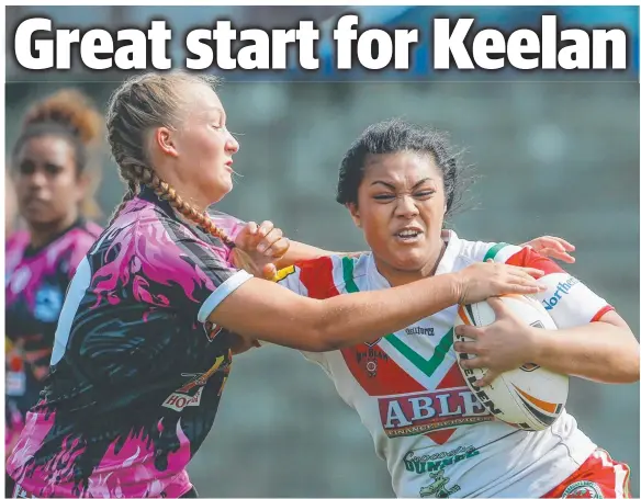  ?? Picture: GLENN CAMPBELL ?? Northern Sharks’s Vicky Dakin gets a shot on Nightcliff rival Nina Maiava during NRL NT Nines women’s action ay Goodline Park yesterday