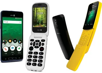  ?? Bilder: DORO och NOKIA ?? NYA LURAR. Från vänster: Doro 8035, en smartphone för seniorer, Doro 7060, en vikbar knappmobil och Nokia 8810, en utskjutbar retromobil med böj. Den första kommer i mars och de båda andra i maj.