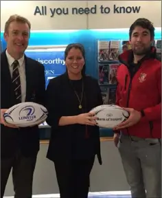  ??  ?? Lorraine Hayden, Bank of Ireland Enniscorth­y, presents official balls in advance of the first round of the Bank of Ireland-sponsored Provincial Towns Cup to club captain Ivan Poole who is pictured with club President Andrew Owen.