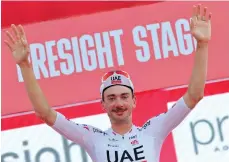  ?? AFP ?? UAE Team Emirates’ rider Brandon McNulty after his victory in the Stage 2 time trial on Hudayriyat Island yesterday