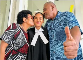  ?? Photo: Beranadeta Nagatalevu ?? From left: Timaima Biudole (mum), Sovaia Nagonevula­vula and Rusiate Baikitole (dad) after the swearing-in ceremony at the Grand Pacific Hotel in Suva on April 5, 2024.