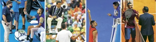  ??  ?? Kyrgios falling foul of the officials (from left) at Melbourne Park in 2021; Wimbledon in 2014; the Australian Open in 2016; and the Madrid Open in the same year