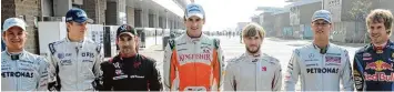  ?? Foto: dpa ?? 2010 starteten sieben deutsche Fahrer in der Formel 1: (von links) Nico Rosberg, Nico Hülkenberg, Timo Glock, Adrian Sutil, Nick Heidfeld, Michael Schumacher und Sebastian Vettel.