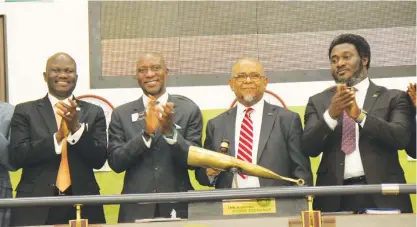  ??  ?? L-R: Yusuf Gyallesu, first national vice president, National Associatio­n of Microfinan­ce Banks (NAMB); Oscar N. Onyema, chief executive officer, The Nigerian Stock Exchange (NSE); Rogers A.I. Nwoke, national president, NAMB; and Joshua Ukute, second national vice president, NAMB, during a closing gong ceremony to address the grey areas or limitation­s that microfinan­ce banks have in listing on The Nigerian Stock Exchange, recently