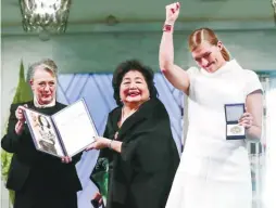  ??  ?? From left: Reiss-Andersen, Hiroshima survivor Setsuko Thurlow and Fihn at the Nobel Peace Prize award ceremony in Oslo, Norway on Sunday.