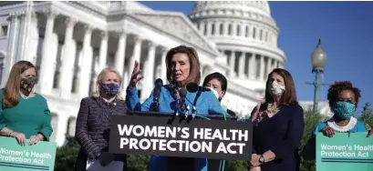  ?? getty images ?? ‘PROTECTION ACT’: U.S. Speaker of the House Rep. Nancy Pelosi speaks as others listen during a news conference outside the U.S. Capitol on Friday.