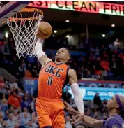  ?? — AP ?? Oklahoma City Thunder’s Russell Westbrook dunks against the New Orleans Pelicans on Sunday.